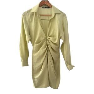 Zara Pistachio Green Long Sleeve V Neck Ruched Draped Mini Dress Size Small